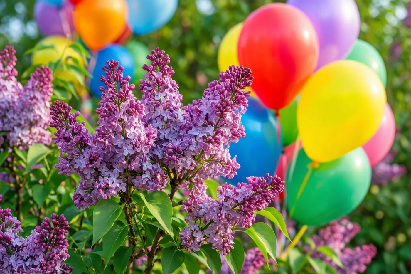 Een bloeiende seringenstruik met paarse bloemtrossen en groene bladeren staat op de voorgrond, met rode, gele, blauwe, groene en roze ballonnen op de achtergrond.
