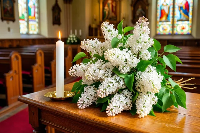 Een boeket witte seringen en een brandende witte kaars staan op een houten tafel in een kerk, in zacht warm licht met glas-in-loodramen op de achtergrond.