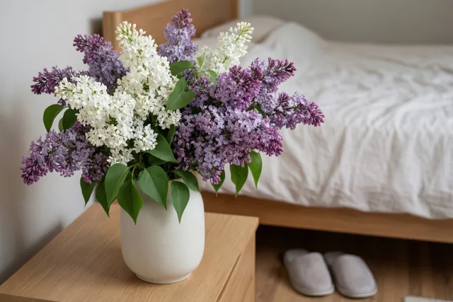 Een vaas met witte en paarse seringen staat op een houten nachtkastje naast een bed met wit beddengoed in zacht licht.
