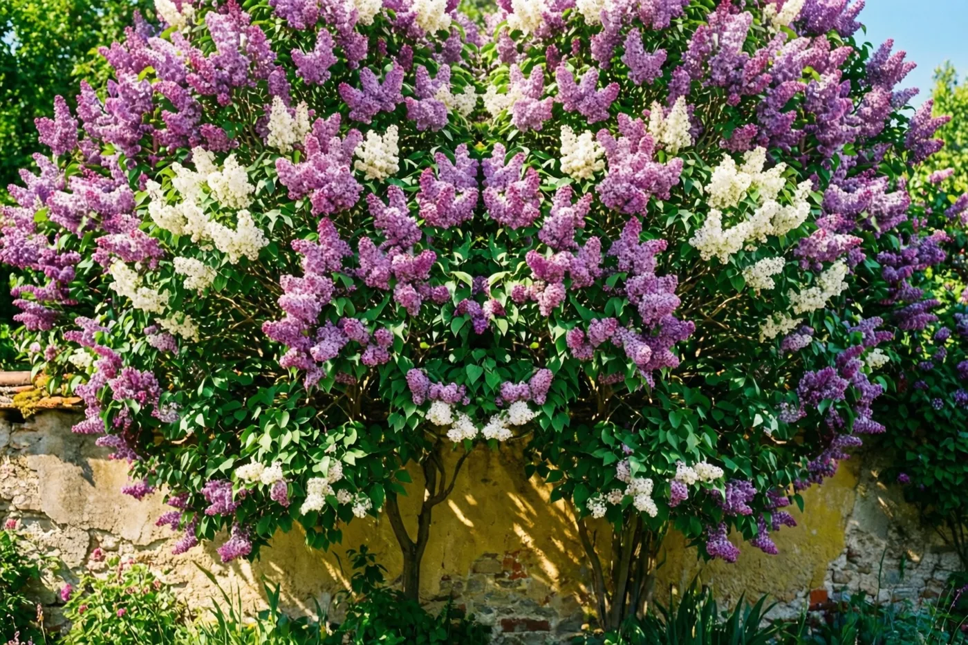 Dichte pluimen paarse en witte seringen hangen met groen blad over een verweerde tuinmuur in warme geeltinten in fel daglicht.
