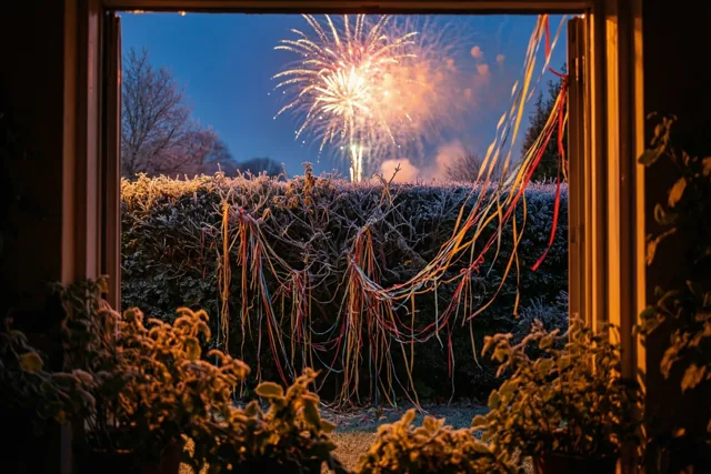 Door een open raam zijn kleurrijke serpentines in een berijpte haag en vuurwerk aan een donkerblauwe hemel te zien, met warm licht van binnen.