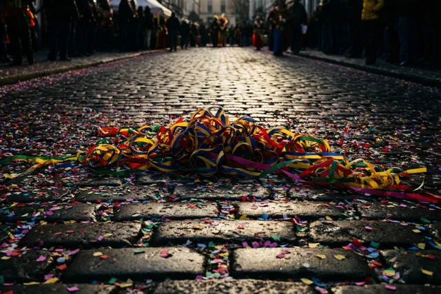 Kleurrijke serpentines en confetti liggen op natte kasseien in laag warm zonlicht, met onscherpe silhouetten langs de straat op de achtergrond.