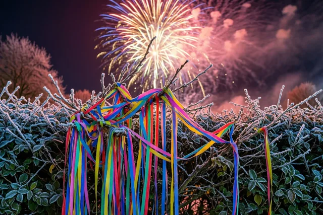 Kleurrijke serpentines liggen over berijpte haagtakken, met helder vuurwerk aan de donkere nachthemel en blauwe en groene tinten in het winterse loof.