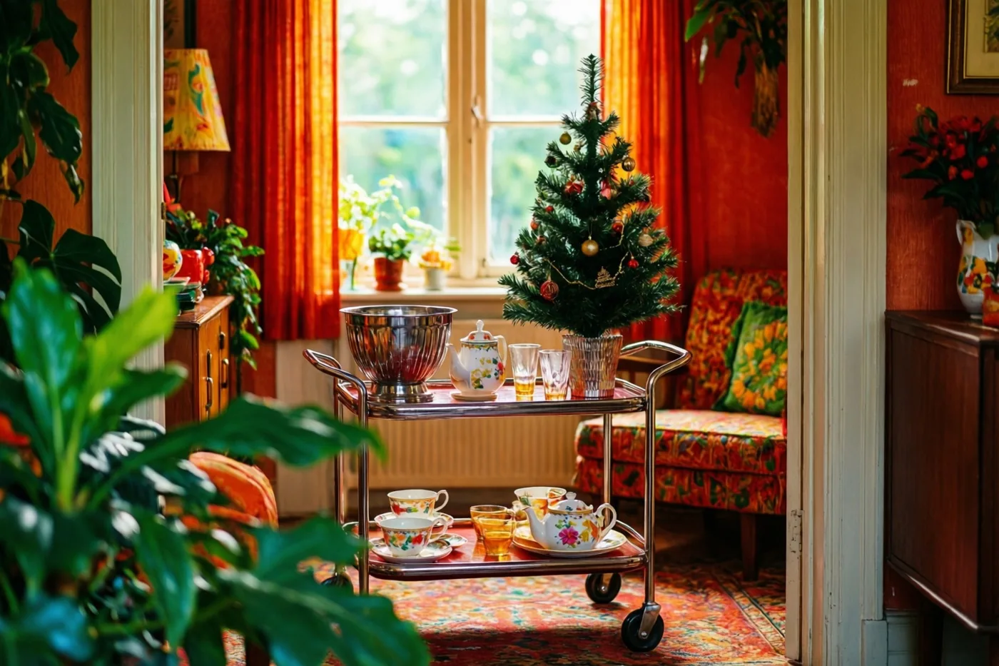 Een serveerwagen in jaren zestigstijl draagt een gebloemde theepot, kopjes, glazen, een punchschaal en een klein versierd kerstboompje in een kamer met rode muren, oranje gordijnen en groene planten.