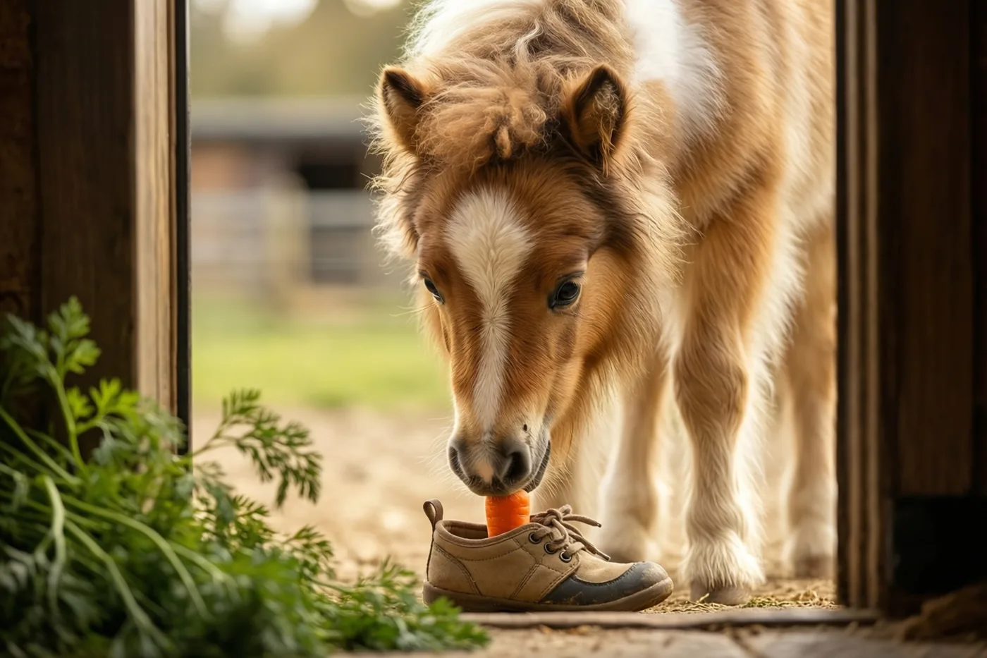 Een pluizig shetlandveulen met een witte bles snuffelt aan een wortel in een bruine kinderschoen op een boerderijdrempel, met peterselie ernaast en een houten deuropening eromheen.