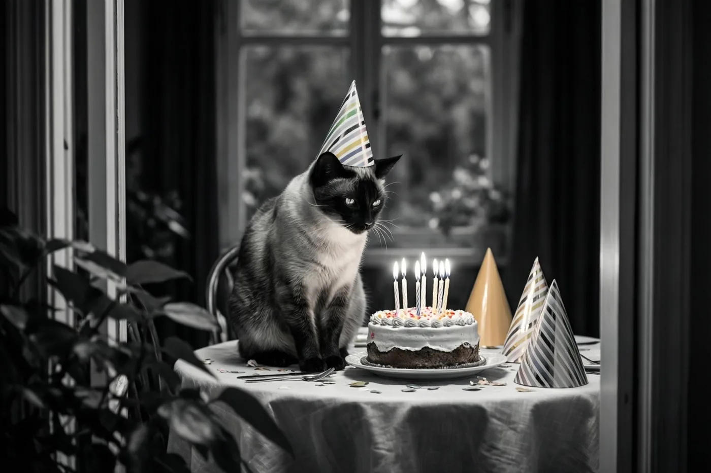 Een Siamese kat met een feesthoedje zit bij een raam op een tafel met een taart met brandende kaarsjes, waarbij de taart en hoedjes kleur hebben in een verder monochroom beeld.