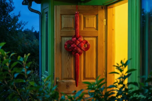 Een rode Chinese sierknoop hangt op een houten deur met groene omlijsting, verlicht door geel licht van binnenuit, met een donkerblauwe hemel en groen op de voorgrond.
