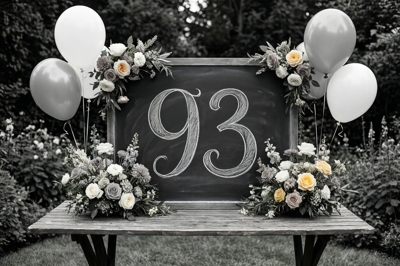 Een krijtbord met een sierlijk geschreven 93 staat op een houten tuintafel tussen bloemstukken en ballonnen in zachte monochrome tinten.
