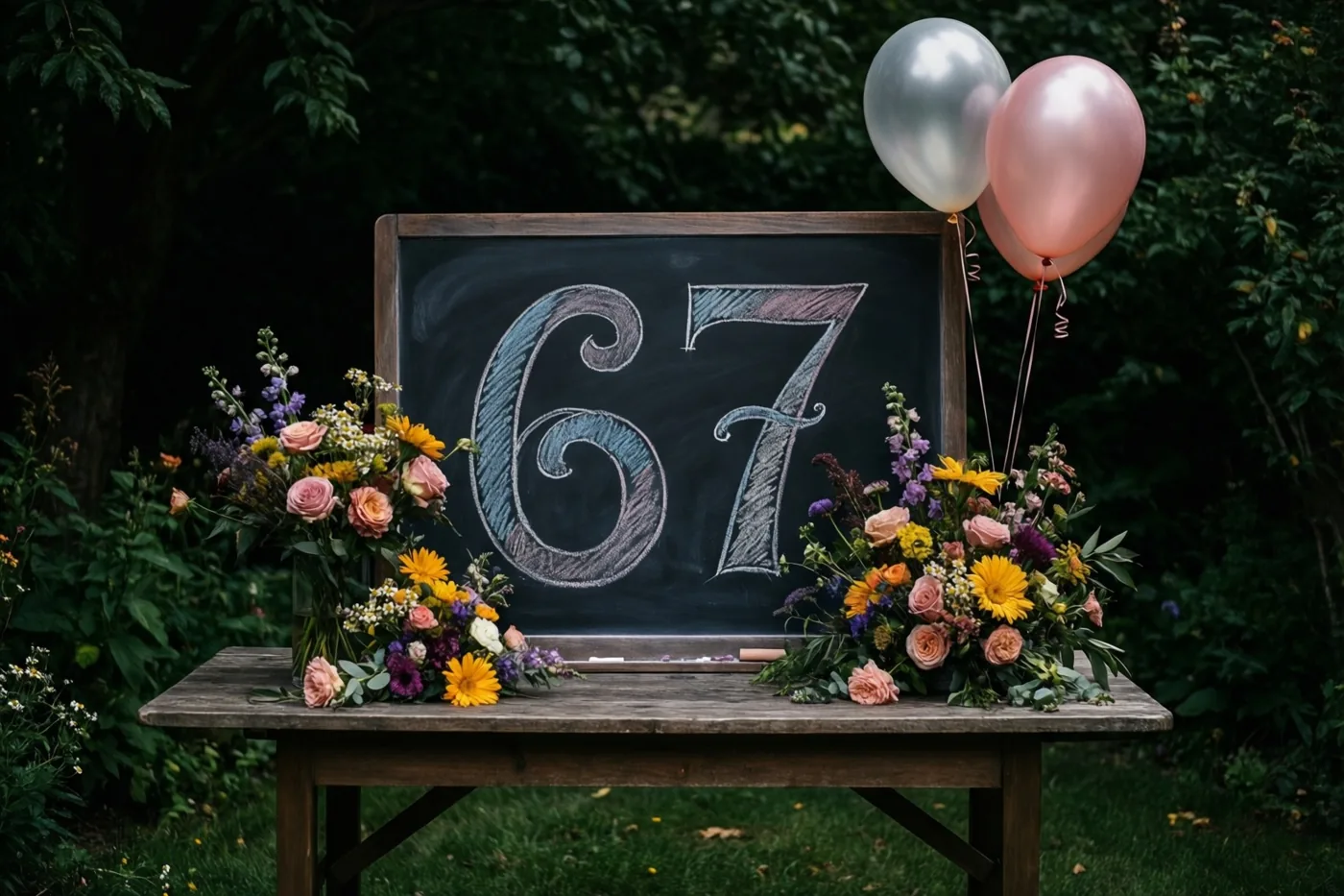 Een krijtbord met het getal 67 in sierlijke krijtletters staat tussen kleurrijke bloemstukken en twee ballonnen op een houten tafel in een weelderige groene tuin.