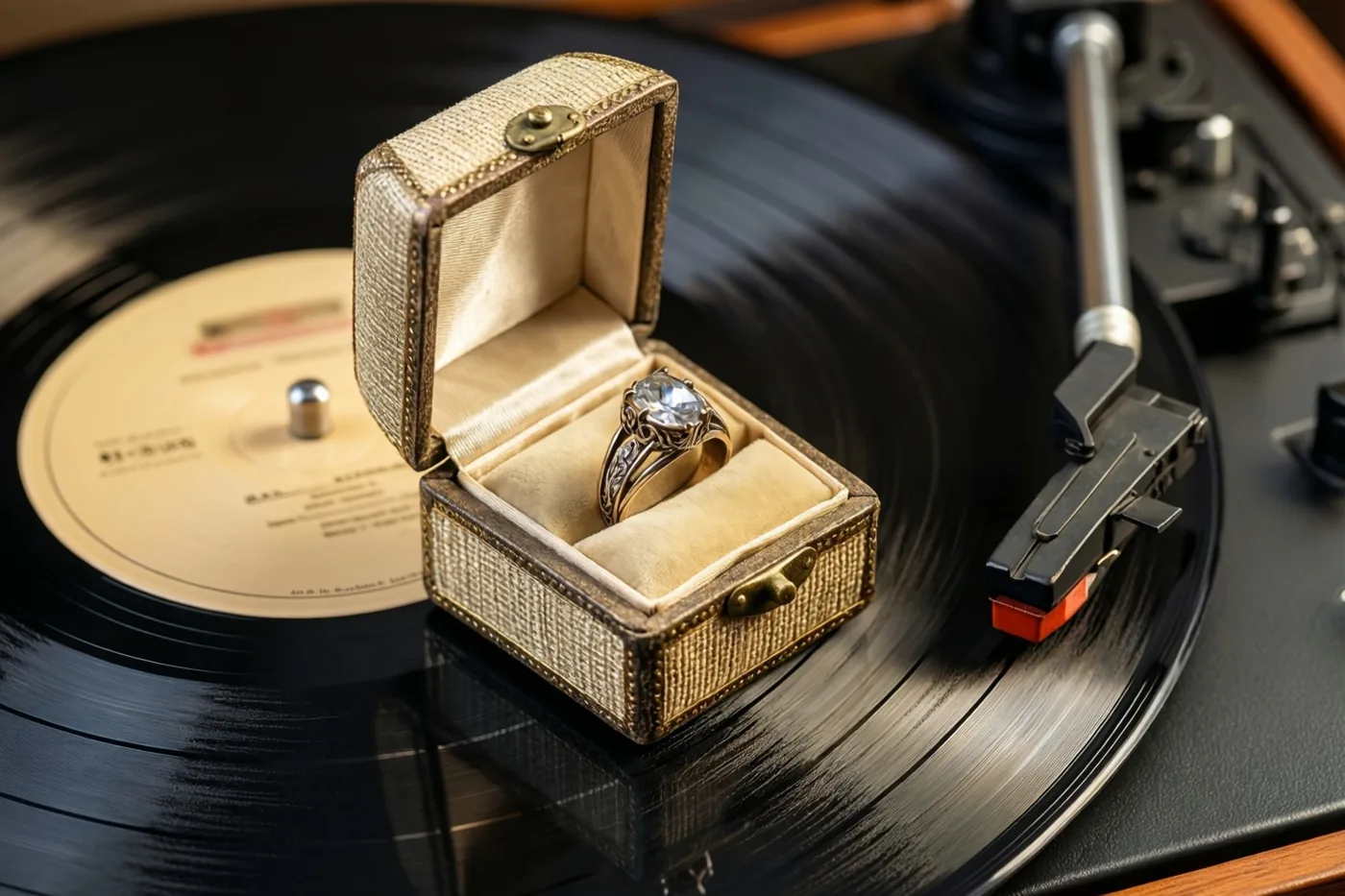 Een sierlijk open ringdoosje met een ring in vintagestijl staat op een draaiende vinylplaat op een retroplatenspeler, in warm licht met goud-, zwart- en crèmetinten.