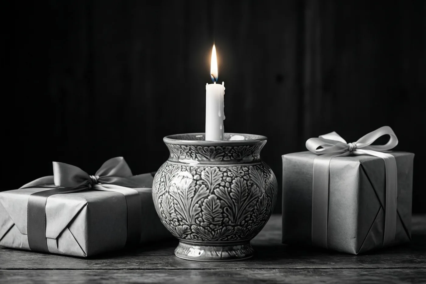 Een brandende kaars in een sierlijke keramieken houder staat tussen twee ingepakte cadeaudozen op een houten ondergrond, in een monochroom beeld.