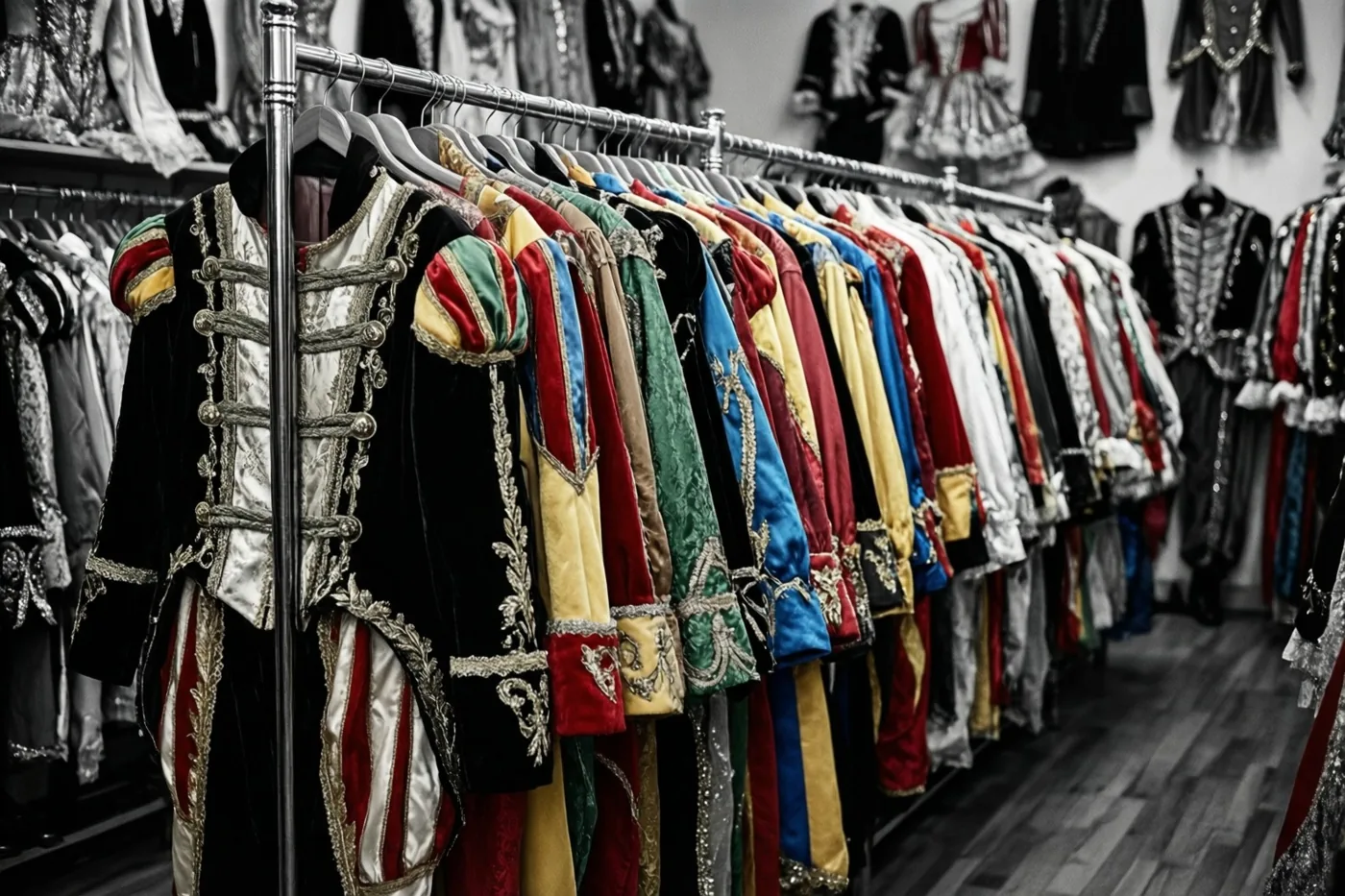 Een rij kleurrijke, rijk versierde carnavalskostuums hangt aan een metalen rek in een winkel met houten vloer en meer kostuums op de achtergrond.