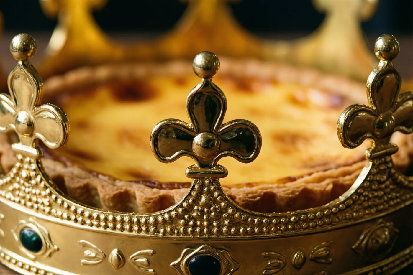Een close-up toont de sierlijke punten van een gouden kroon met een wazige frangipanetaart erachter, in warme goudbruine tinten.