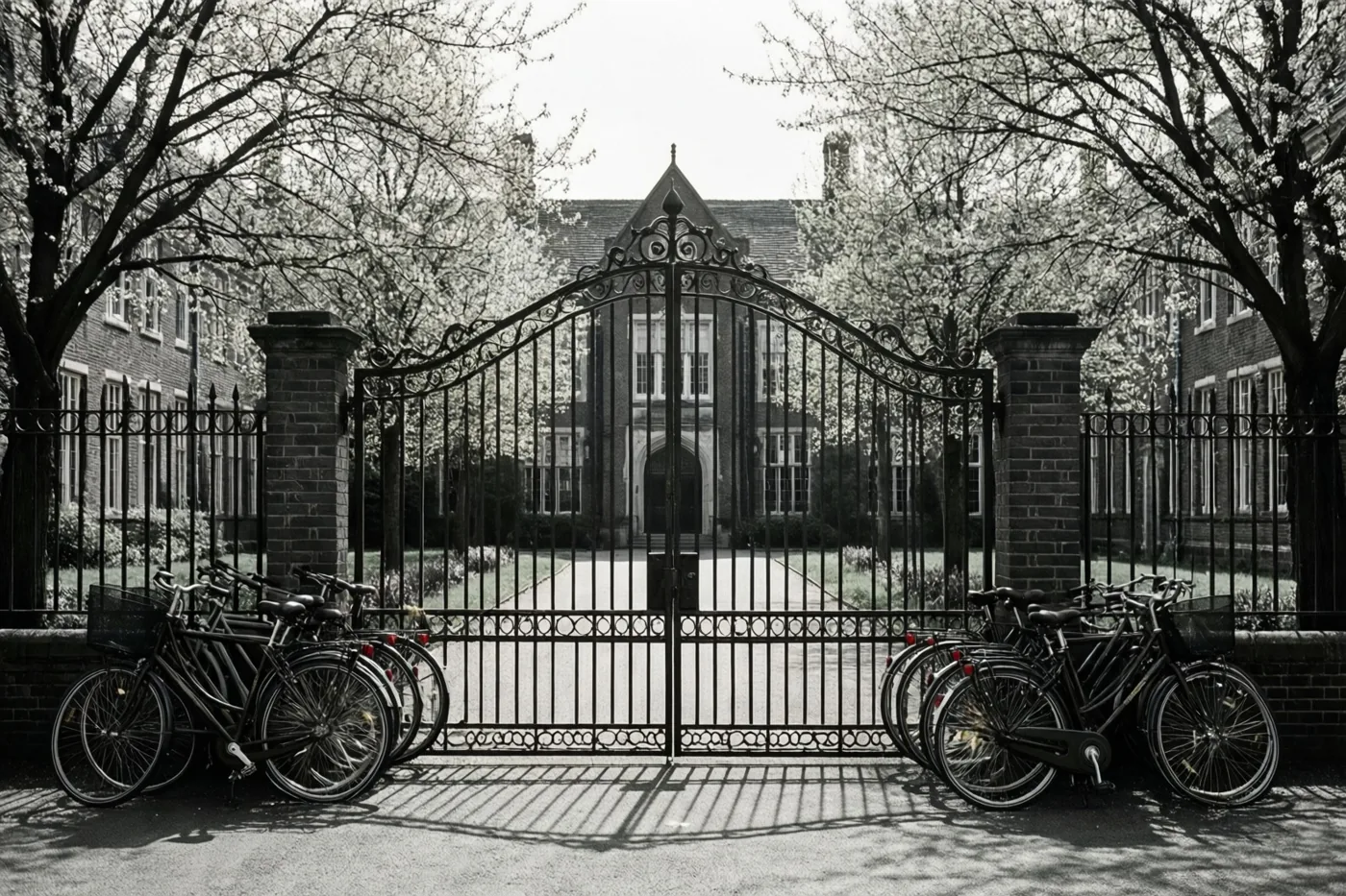 Een zwart-witfoto toont een sierlijke metalen schoolpoort met fietsen aan weerszijden van een verhard pad, bloeiende bomen en een bakstenen gebouw achter de poort.