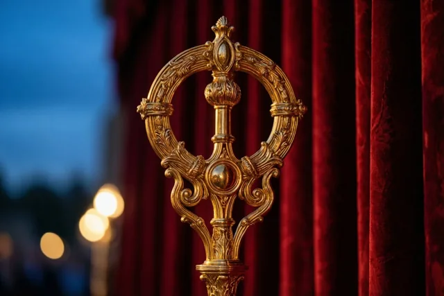 Een rijkversierde gouden staf staat voor een dieprood fluwelen gordijn in warm licht.