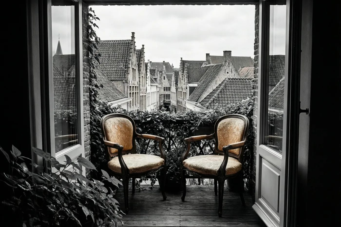 Twee sierlijke stoelen staan op een houten balkon boven oude Vlaamse stadsdaken, waarbij alleen hun bekleding kleur heeft in het zwart-witbeeld.