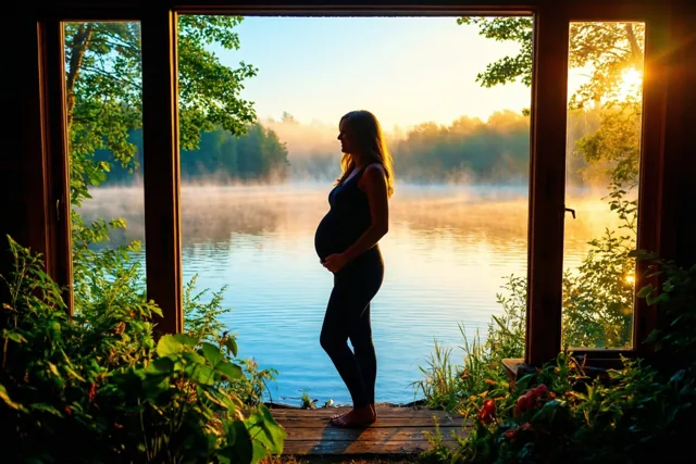 Door een houten deuropening is het silhouet van een zwangere vrouw te zien aan een kalm meer met mist bij zonsopgang, met groen loof op de voorgrond.