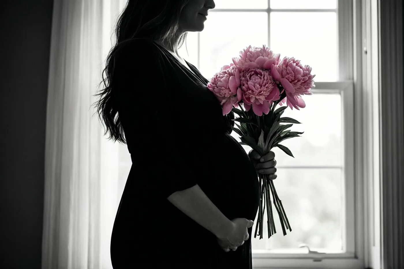 Het silhouet van een zwangere vrouw bij een helder raam houdt roze pioenen tegen haar buik, als enige kleur in een verder monochroom beeld.