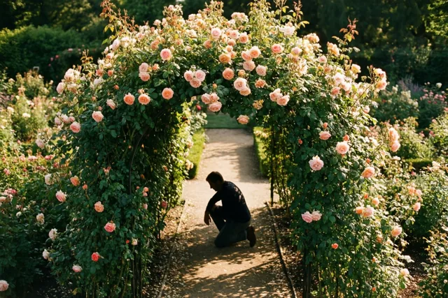 Een man knielt als een silhouet onder een tuinboog met roze en witte klimrozen, met gevlekte schaduwen op een grindpad in een zonnige tuin.