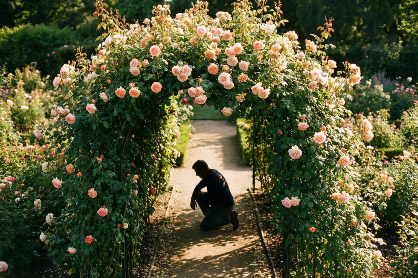 Een man knielt als een silhouet onder een tuinboog met roze en witte klimrozen, met gevlekte schaduwen op een grindpad in een zonnige tuin.