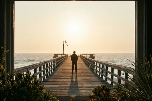 Een persoon staat alleen als silhouet op een lange houten pier voor de opkomende zon, gezien door een donkere opening met bladeren op de voorgrond.