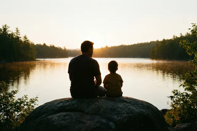 Een vader en een kind zitten als silhouetten op een grote rots aan een kalm meer bij zonsopgang, omringd door bomen onder een heldere hemel in gouden licht.