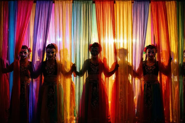 Silhouetten van gemaskerde dansers staan achter een kleurrijk, van achteren verlicht gordijn in warme en koele tinten.