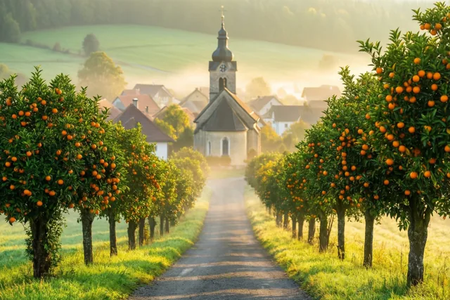 Een pad tussen sinaasappelbomen met oranje vruchten leidt naar een dorpskerk in de ochtendmist, omgeven door groen gras en warm gouden licht.