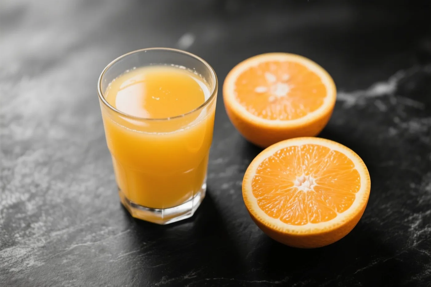 Een glas versgeperst sinaasappelsap staat naast twee gehalveerde sinaasappels op een donkere ondergrond met structuur, in helder licht.
