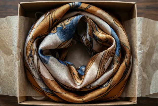 Een zijden sjaal met een patroon in blauw, goud en crème ligt opgerold in een open kartonnen geschenkdoos met bruin vloeipapier op donker hout.