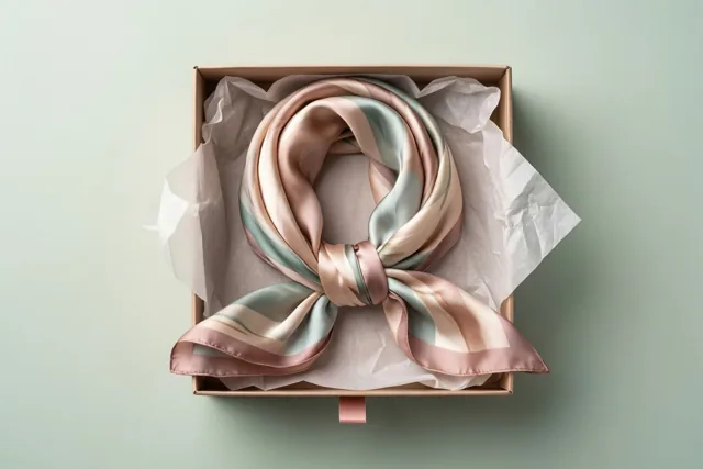 Een zijden sjaal met pastelstrepen ligt in een open geschenkdoos met vloeipapier tegen een zacht mintgroene achtergrond.