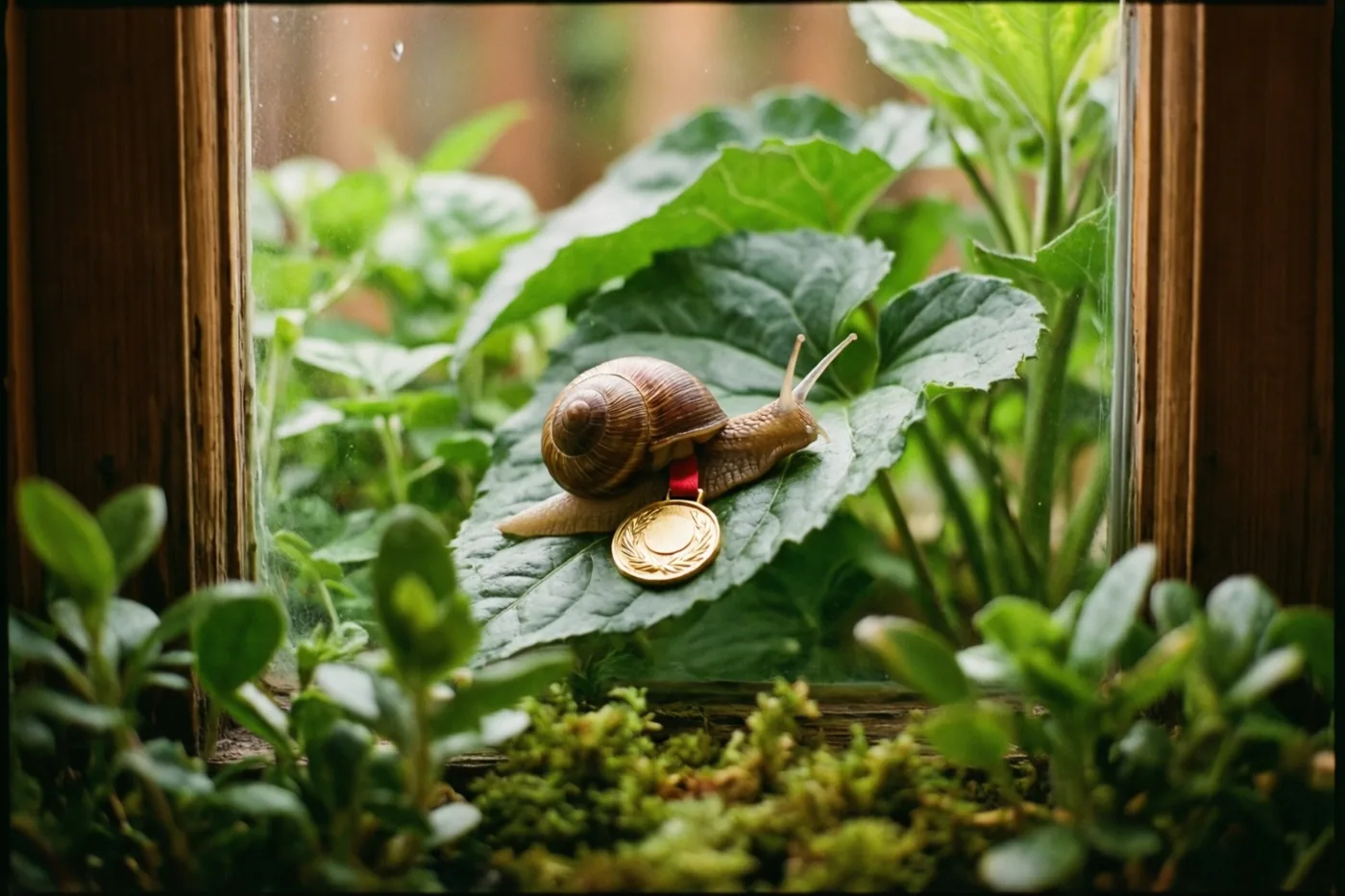 Een tuinslak met een gouden medaille aan een rood lint glijdt over een groot groen blad in een glazen terrarium, omgeven door houten raamkozijnen, planten en mos.