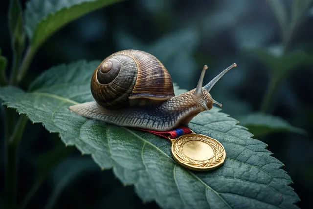 Een tuinslak met een bruin-beige huisje glijdt over een groot groen blad en draagt een kleine gouden medaille aan een rood-blauw lint.