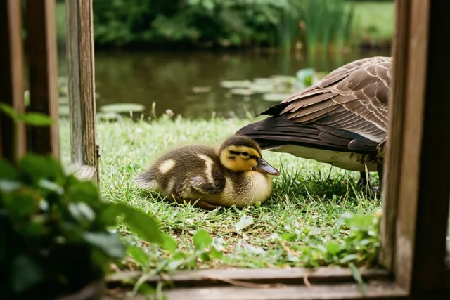 Een eendenkuiken slaapt onder de vleugel van zijn moeder in het gras bij een vijver, gezien door een houten omlijsting met groen en water op de achtergrond.