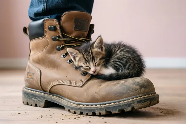Een klein gestreept katje slaapt opgekruld in een grote modderige bruine werklaars aan de voet van iemand in een blauwe jeans, op een houten vloer bij een zachtroze muur.