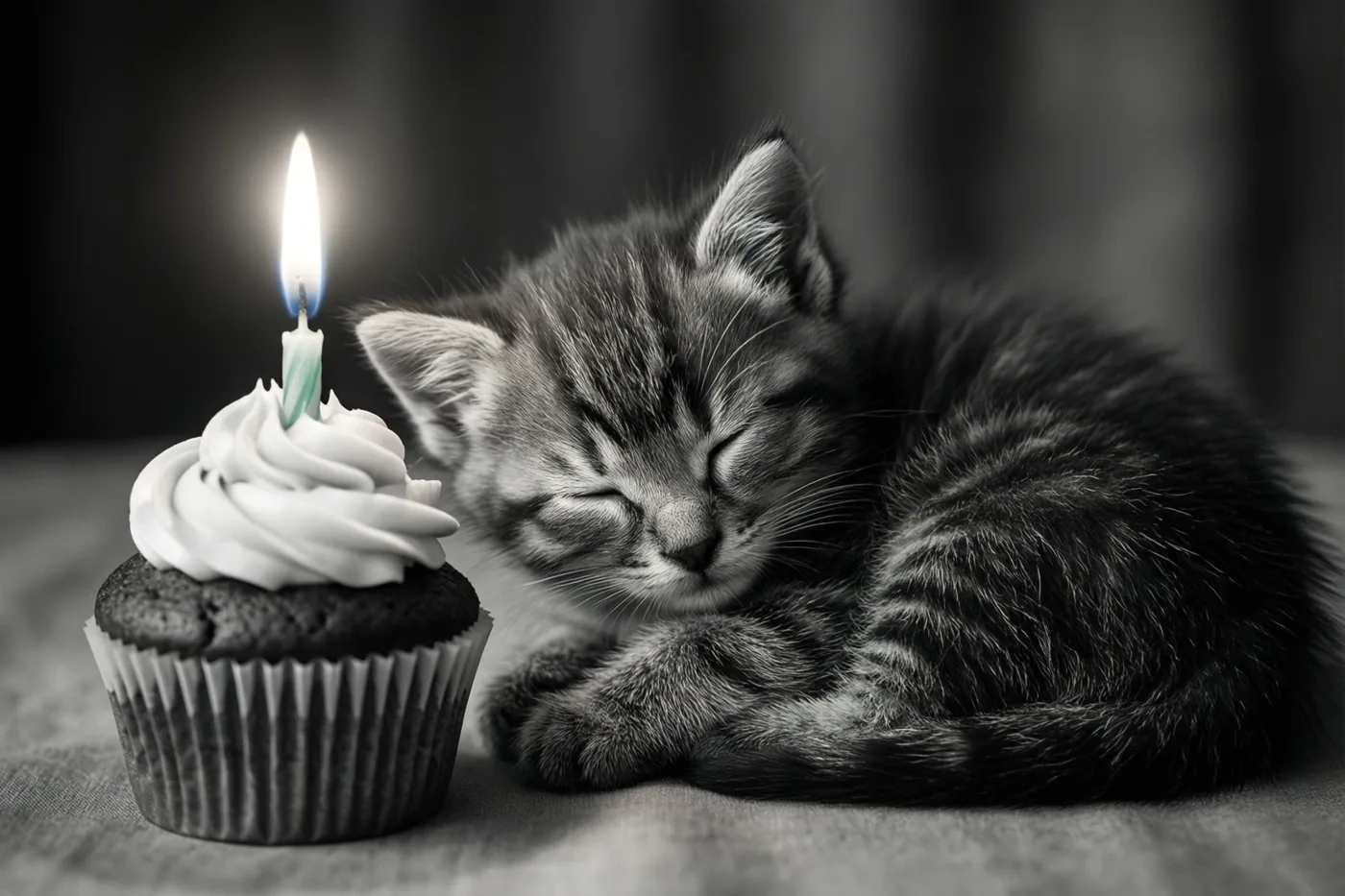 Een klein gestreept katje slaapt opgerold naast een chocoladecupcake met wit glazuur en één brandend kaarsje, op een zwart-witfoto met een wazige achtergrond.