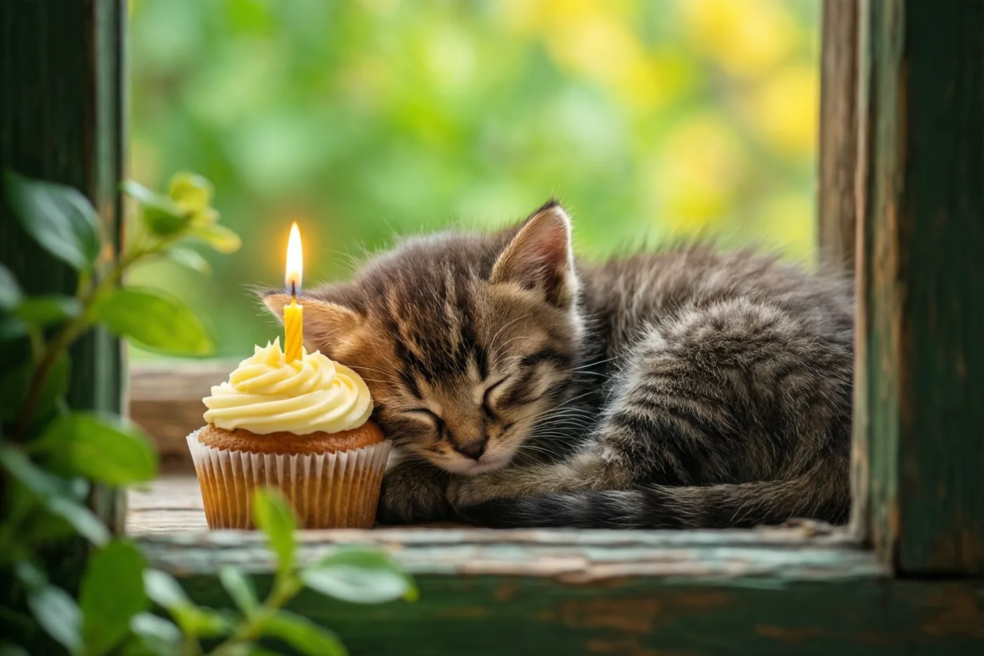 Een klein gestreept katje slaapt opgerold op een houten vensterbank naast een cupcake met één brandend kaarsje, met groen bij het raam.