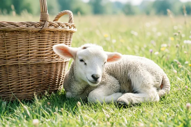 Een klein wit lammetje ligt opgekruld te slapen op groen gras naast een grote rieten mand, in een zonnige weide met onscherpe wilde bloemen en bomen.