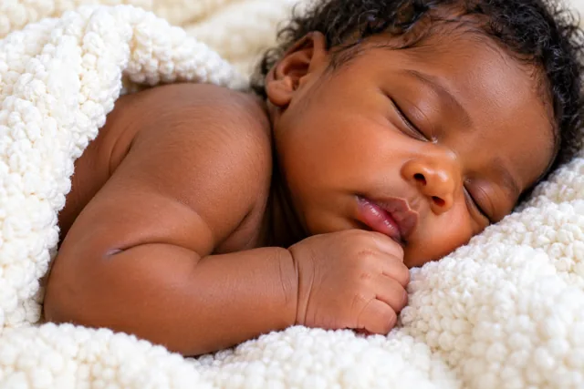 Een pasgeboren baby met een donkerbruine huid slaapt op een zachte crèmekleurige deken met een klein gebald vuistje.
