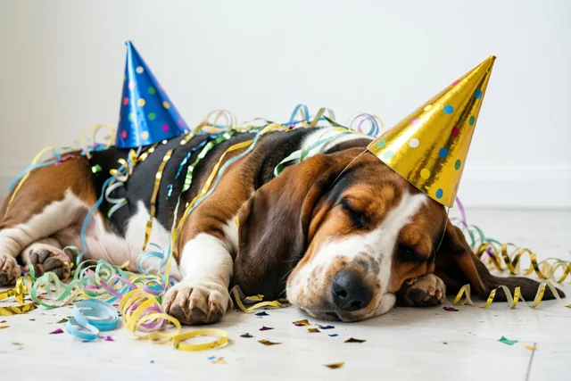 Deze basset slaapt nieuwjaar tegemoet