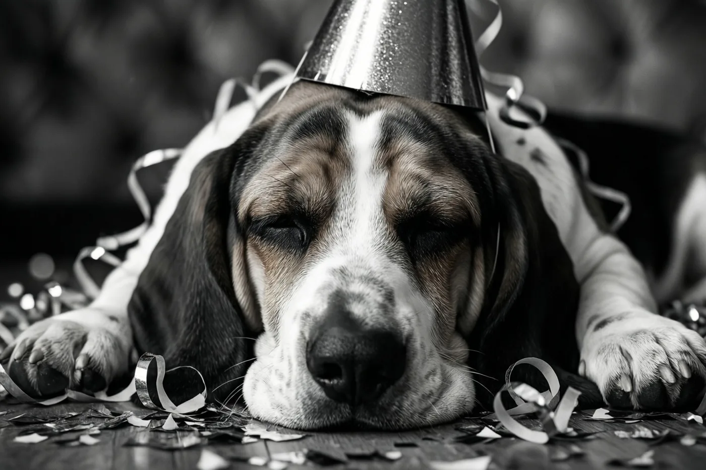Op een zwart-witfoto ligt een slapende basset met een feesthoedje op een vloer vol zilveren slingers.