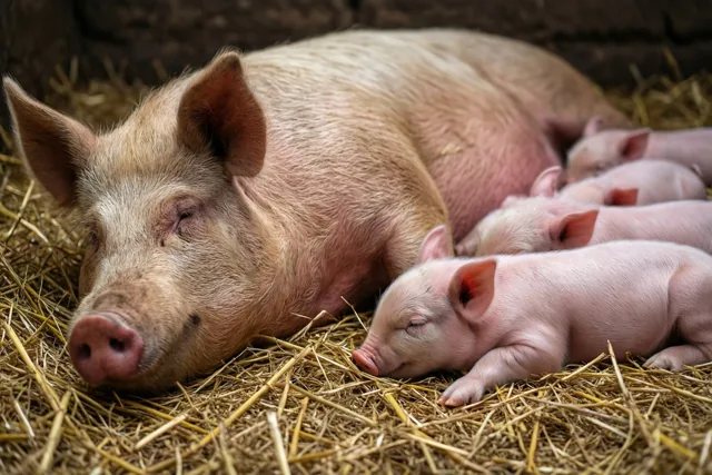 Een moedervarken ligt in het stro van een landelijke stal, met kleine roze biggetjes slapend tegen haar zij.