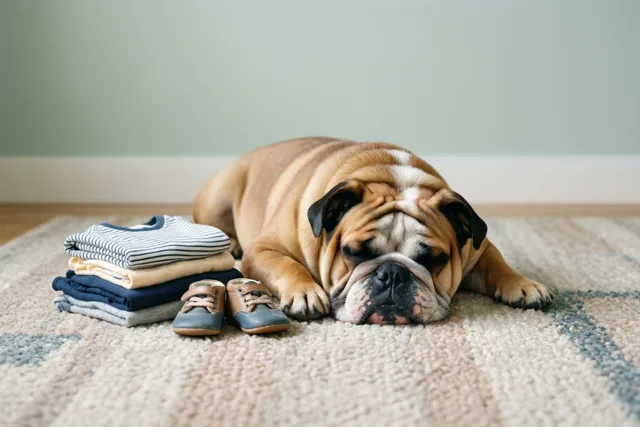 Een buldog ligt languit te slapen op een tapijt met een patroon naast opgevouwen babykleertjes en kleine schoentjes, tegen een effen muur.