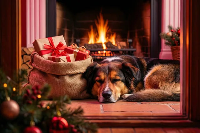 Een hond slaapt naast een jutezak met ingepakte kerstcadeaus voor een brandende haard, in warme rode, bruine en gouden tinten.