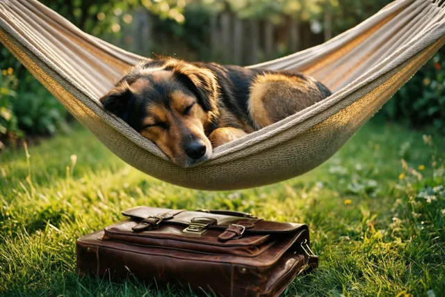 Een zwartbruine hond slaapt in een beige hangmat boven groen gras, met een bruine leren aktetas op het gazon eronder.