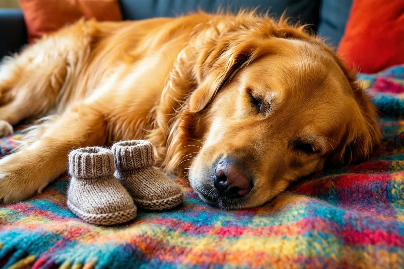 Een golden retriever slaapt op een kleurrijke wollen deken met een paar kleine gebreide babyslofjes naast zich.