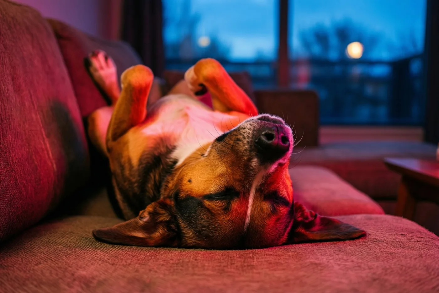 Een hond slaapt op zijn rug met zijn poten omhoog op een rode zetel, met blauw schemerlicht vanuit een raam en warm rood licht op de hond en zetel.