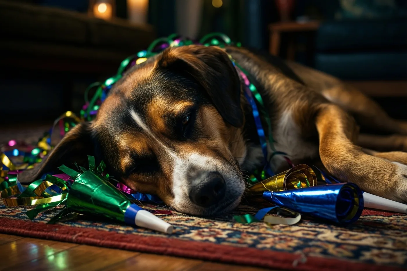 Een driekleurige hond slaapt op een tapijt met een patroon, tussen kleurrijke slingers en glanzende feesttoeters, met zachte lichtjes op de achtergrond.