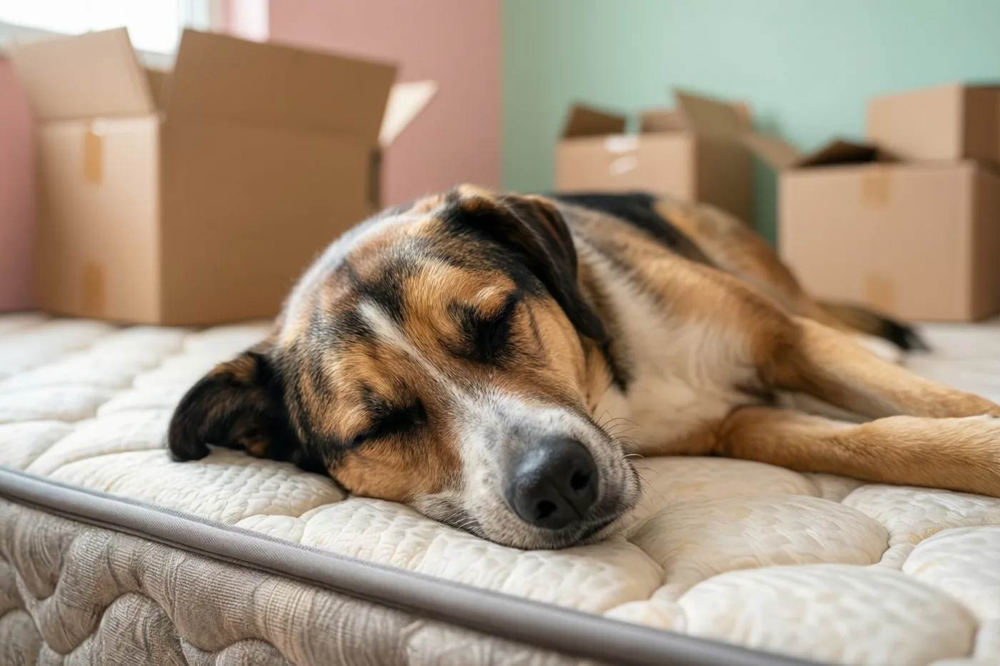 Een driekleurige hond slaapt op een kale matras, met ongeopende verhuisdozen tegen roze en mintgroene muren op de achtergrond.