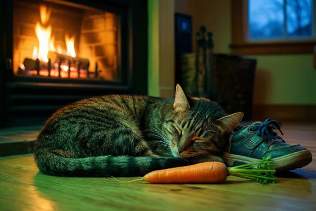 Een tijgerkat slaapt opgekruld op een houten vloer naast een blauwe kinderschoen en een wortel voor een brandende haard.
